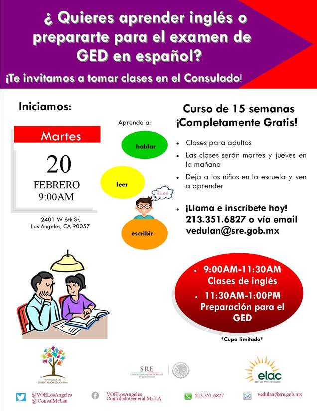 Clases de inglés y GED gratuitas en Consulado de México