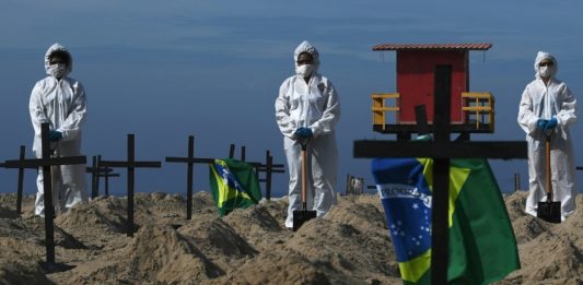 Cavan tumbas en playa de Copacabana para honrar a los muertos de covid-19 en Brasil