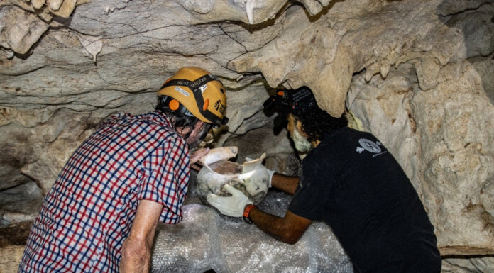Arqueólogos del INAH recuperan olla maya del posclásico en caverna de Quintana Roo